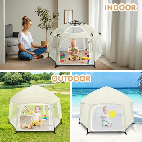 Vista 6 de Corralito desplegable para bebé, corralito portátil para bebés y niños pequeños con sombras extraíbles y 2 cubiertas UV laterales, corralito ligero