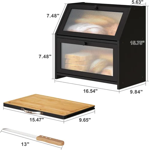 Vista 4 de Panera extragrande con tabla de cortar, panera de madera de bambú para encimera de cocina, contenedor de almacenamiento de pan de gran capacidad