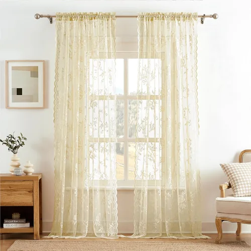 Vista 23 de Cortinas de encaje beige, juego de 2 paneles de cortinas traslúcidas con bolsillo para cortinero, decoración de ventana pequeña, baño, sótano