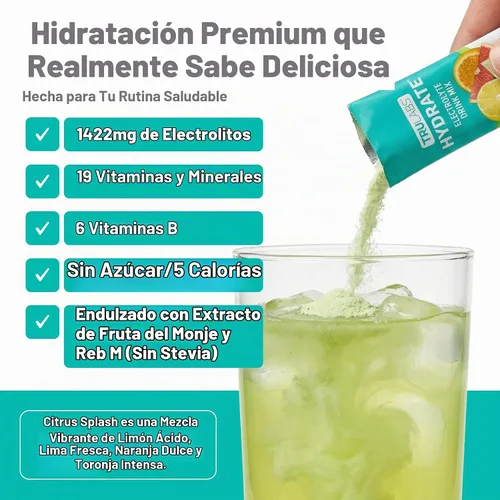 Vista 2 de TRULABS Hydrate - Mezcla de bebida con electrolitos – Sabor cítrico Splash, paquetes de hidratación sin azúcar con electrolitos de 1422 mg y 19