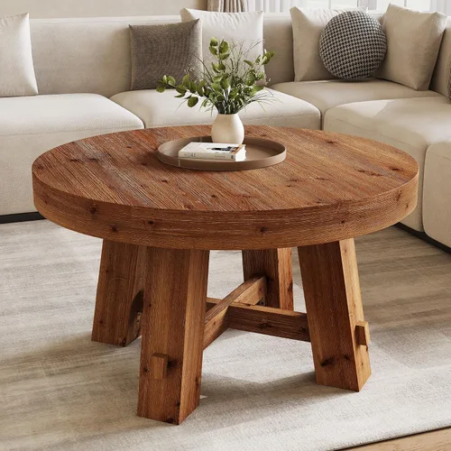 Vista 3 de Mesa auxiliar redonda de 31.5 pulgadas, mesa central de madera maciza con mesa gruesa (marrón claro)