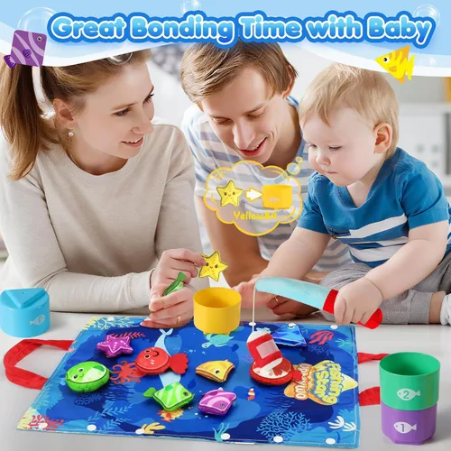 Vista 6 de Juguetes Montessori para niños de 1 año – Juego de pesca de tela para niños pequeños 17 en 1 con vasos apilables clasificación de colores, juguete