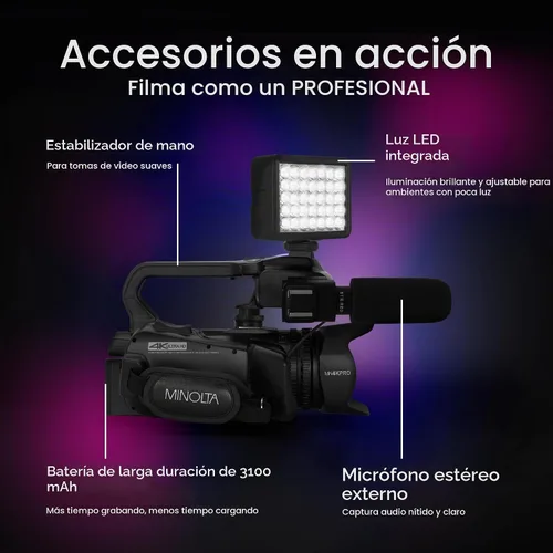 Vista 4 de Minolta MN4KPRO - Kit de videocámara Pro de enfoque automático 4K Ultra HD