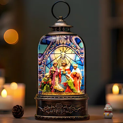 Vista 11 de Globo de nieve navideño con agua brillante, escena de cardenal con música y temporizador, linterna iluminada con USB/operada por batería