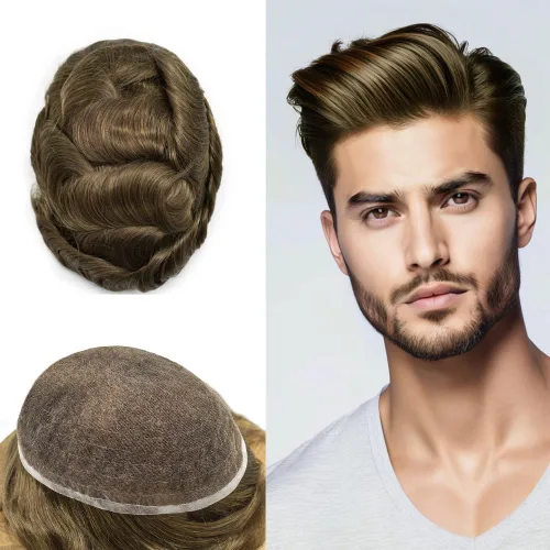 Vista 50 de Peluca de cabello humano con encaje completo, línea capilar real, para hombre, peluca de cabello con nudo blanqueado, pieza de pelo para hombres