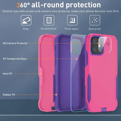 Vista 2 de Xmon Funda para iPhone 12 [a prueba de golpes] [a prueba de caídas] [Protector de pantalla de vidrio templado con protector de lente de cámara]