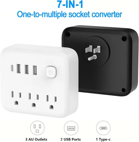 Vista 4 de FXZ Regleta de conversión de regleta de alimentación con 3 tomas amplias y puerto 3USB-A y 1USB-C, 1875 W/15 A, protección contra sobrecarga