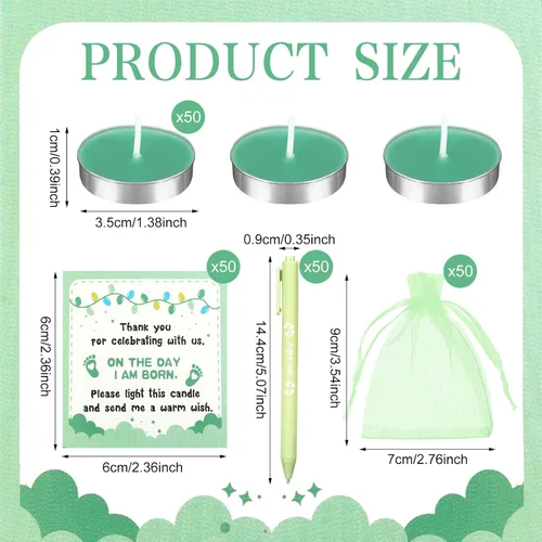 Vista 2 de Ctosree 50 Sets Baby Shower Favors for Guests Include 50 Pcs Tea Light Candle Bulk Thank Tag and Chiffon Bag with Drawstring Retractable Ballpoint
