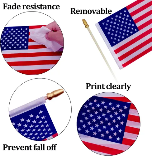 Vista 4 de 410 banderas americanas pequeñas en palo, mini banderas estadounidenses con punta de lanza de seguridad, poste de madera maciza a granel, bandera