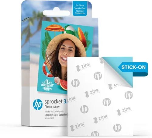 Vista 2 de HP Sprocket - Papel fotográfico Zink de 3.5 x 4.25 pulgadas, con respaldo adhesivo (20 unidades) compatible con piñones de 3 x 4, impresora
