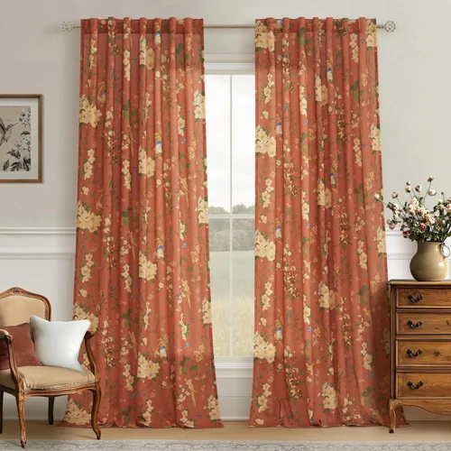 Vista 18 de Cortinas de lino de pájaro floral azul 2 paneles de 72 pulgadas de largo Aqua Blue