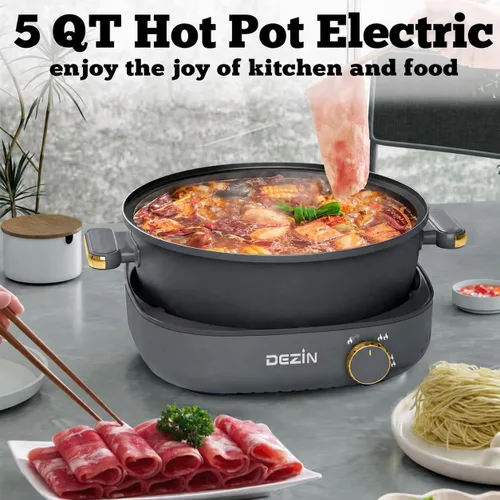 Vista 8 de Dezin Olla eléctrica Shabu Shabu de 5 cuartos con olla extraíble, control