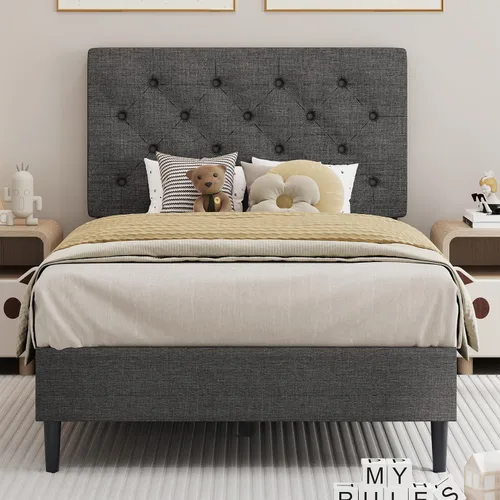 Vista 25 de BarnFurin Marco de cama tamaño completo con cabecero, cama de plataforma tapizada con cabecera acolchada con botones ajustables, marco de cama