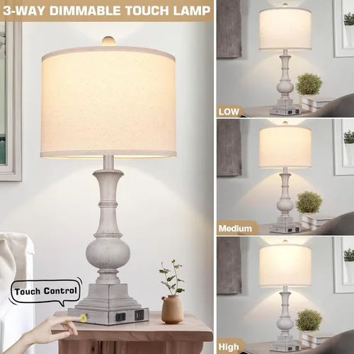 Vista 4 de 26" Farmhouse Lamp with 2 USB Ports & AC Outlet, Vintage Rustic Touch Control Bedside Lamp, Resin 3-Way Dimmable Nightstand Lamp Fabric Shade for