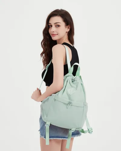Vista 3 de WANDF Mochila con cordón para mujer, bolsa de gimnasio con correa para esterilla de yoga, resistente al agua, con bolsillo de malla, Verde