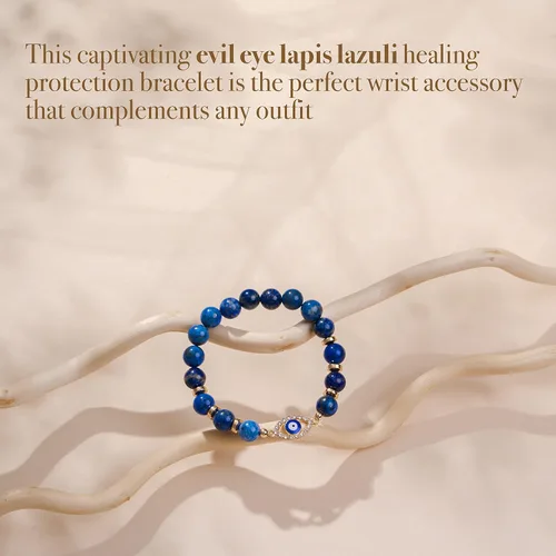 Vista 7 de VIBE MOOD ENERGY - Pulsera de protección Pulsera de cuentas de lapislázuli con dije contra el mal de ojo Pulsera de triple protección para aliviar