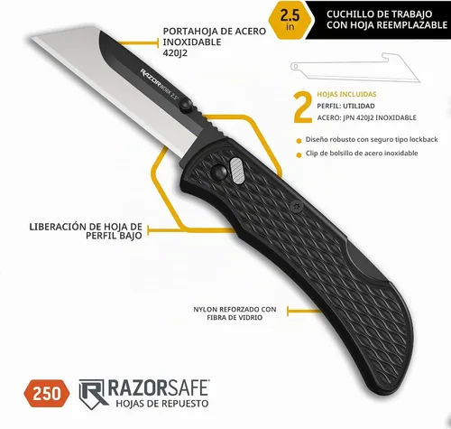 Vista 2 de OUTDOOR EDGE 2.5" RAZOR-WORK - Cuchillo plegable de utilidad con hoja reemplazable RazorSafe (Negro, 2 hojas)
