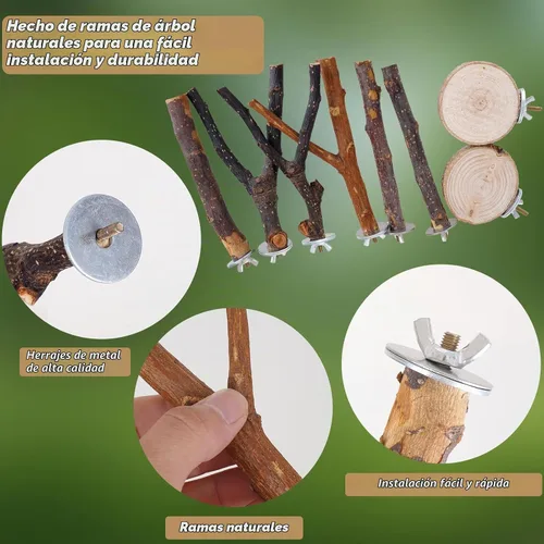 Vista 5 de 8 piezas de perca de pájaro de madera natural para loro, tenedor, juguetes colgantes de múltiples ramas, hamaca de juguete para guacamayos