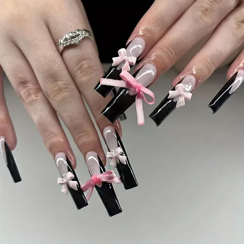 Vista 10 de 24 uñas postizas a presión de punta francesa negra, uñas postizas largas cuadradas, color rosa, cobertura completa, con diamantes de imitación, L1.