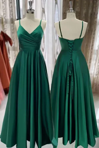 Vista 5 de Vestidos de fiesta con cuello en V de espagueti para mujer, vestido largo de fiesta de satén fruncido, vestido de fiesta de noche con bolsillos