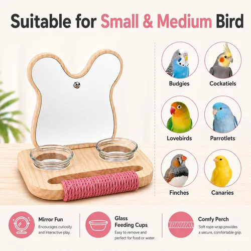 Vista 4 de Espejo de pájaro con perca y comedero, juguetes de madera para pájaros jaula de pájaros, accesorios para loros para gastar energía, juguetes