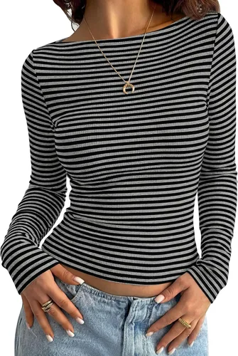 Vista 15 de PRETTYGARDEN Camisas de manga larga a rayas para mujer, tops lindos de Rayas Beige Marrón