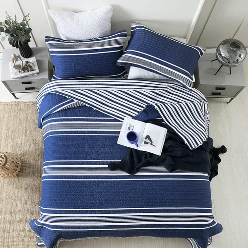 Vista 4 de SahSahCasa Juego de edredón tamaño Queen, 100% algodón, juego de ropa de cama Queen, colcha ligera reversible a rayas para cama Queen, para todas