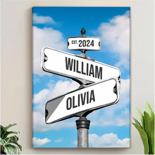 Vista 10 de VulcanAce Letrero de calle personalizado de Crossroads con nombre y fecha, impresión en lienzo de letrero de calle vintage personalizado, regalos