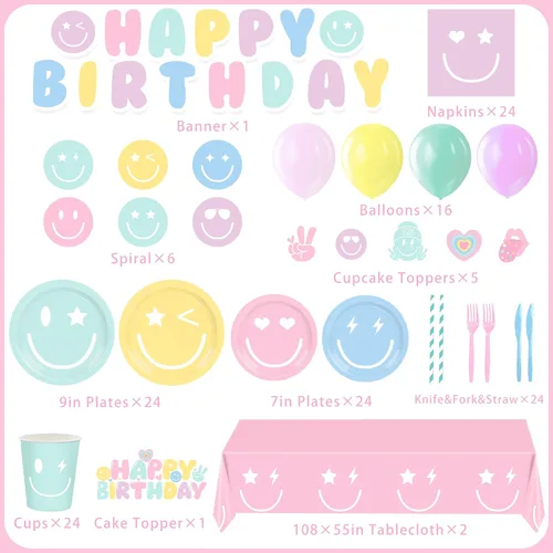 Vista 2 de 199 piezas de decoración de cumpleaños con cara sonriente y juego de platos temáticos y servilletas con temática de pastel sonriente, globo