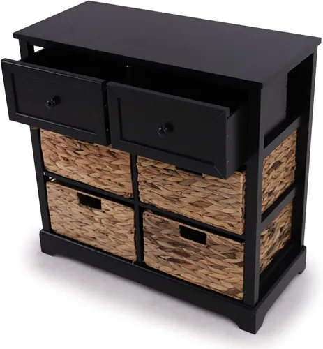 Vista 5 de PHI VILLA Black Accent Cabinet with Rattan Basket, Storage Buffet Cabinet Black Storage Cabinet with Baskets, Small Accent Cabinet with Drawers