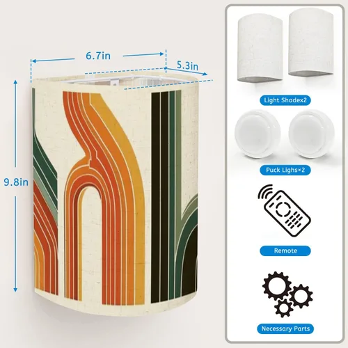 Vista 2 de Juego de dos apliques de pared con pilas, estilo retro, vintage, estilo años 70, líneas de póster, formas enchufables, accesorios de pared
