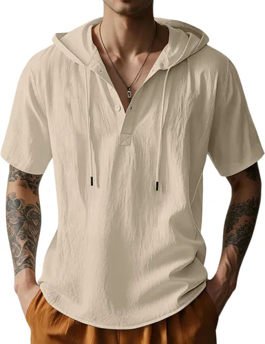 Vista 10 de Sudaderas con capucha de algodón y lino para hombre, camisa de manga corta con botones, camisa de verano hawaiana con cordón