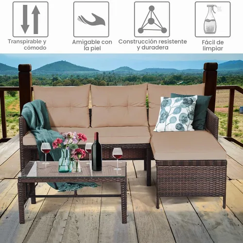 Vista 6 de DORTALA Juego de muebles de mimbre para patio, sofá de 3 piezas, sofá seccional de ratán de polietileno en forma de L, juego de conversación