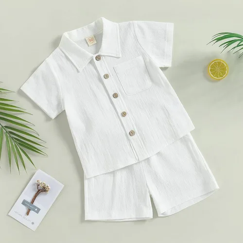 Vista 2 de BULINGNA Conjunto de 2 piezas de camiseta de manga corta con botones y pantalones cortos para bebé, algodón, lino, verano