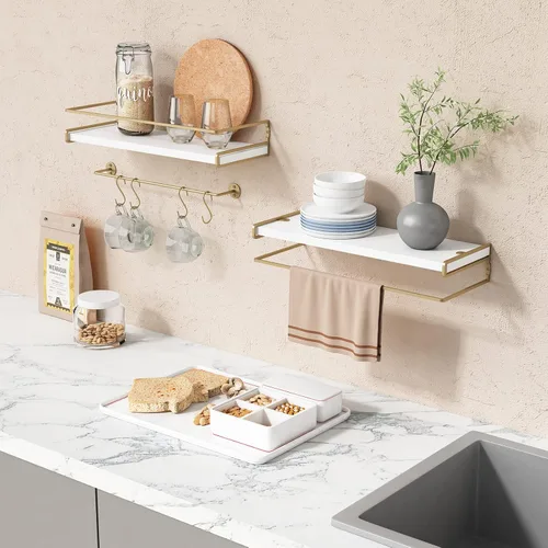 Vista 2 de Forbena - Estantes flotantes de baño montados en la pared, estantes blancos y dorados estéticos para accesorios de baño, organizador de baño moderno