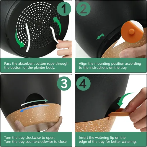 Vista 4 de Macetas de riego automático con orificio de drenaje, macetas para plantas de flores para interiores y exteriores, macetas de plástico negro