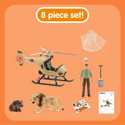 Vista 4 de Schleich Wild Life - Juego de helicóptero de rescate de animales de 8 piezas con figuras de león e hipopótamo, altamente detallado, duradero