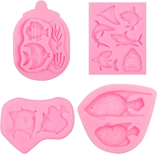 Vista 9 de Moldes del chocolate del pescado, moldes del caramelo del silicón del coral del pez del tiburón marino Fondant con temática de mar, decoración