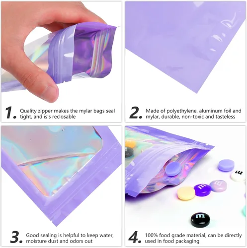 Vista 5 de Funfery 100 bolsas holográficas Mylar moradas, cremallera resellable y Morado