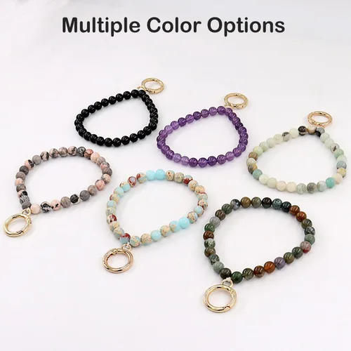 Vista 2 de Llavero de muñeca con cuentas, pulsera de piedra natural para mujer, amazonita Correa de muñeca para llave de coche, tarjetero y tarjetero