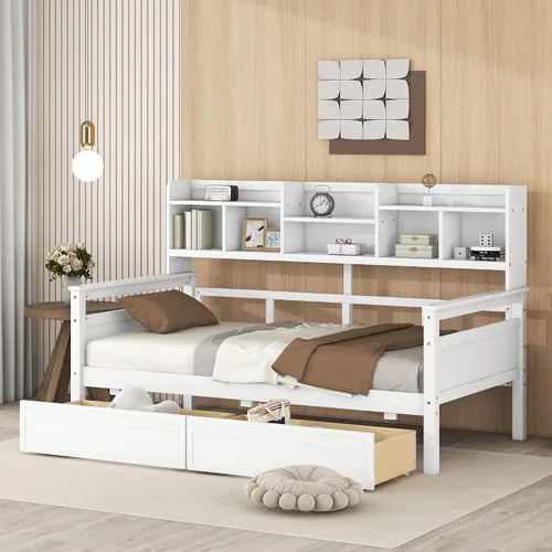 Vista 11 de Sofá cama de tamaño individual con cajones, sofá cama individual de madera con estante de noche, soporte de listones de madera, espresso