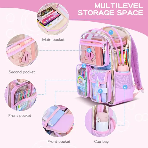 Vista 2 de Mochila transparente para hombre, mochila impermeable, escuela secundaria negra, escuela secundaria y universidad, Rosado, Estándar, Casual moderno