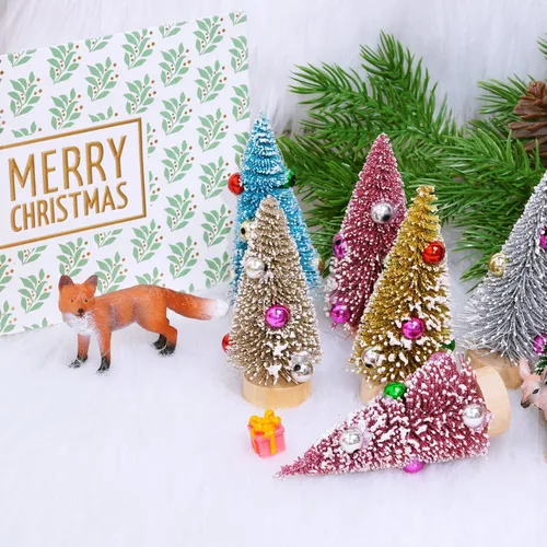 Vista 5 de Yookat 12 piezas de mini árboles de Navidad, mini árboles de sisal pequeños, mini pinos con base de madera, mini árboles de cepillo de botella