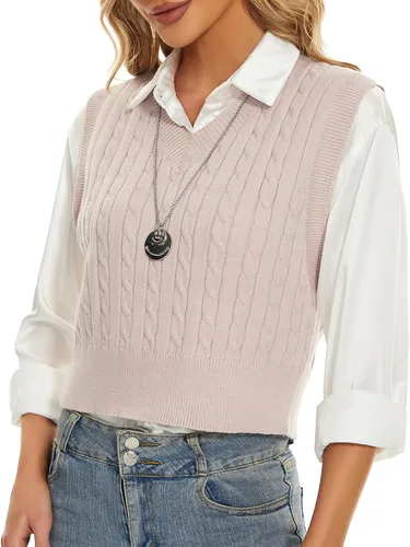 Vista 3 de Chaleco de punto trenzado para mujer, cuello en V, sin mangas, suéter de punto trenzado
