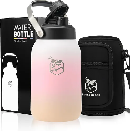 Vista 8 de Boulder Bee Botella de agua aislada Jarra de agua de medio galón con asa Acero inoxidable de 64 onzas con bolsa de transporte Doble vacío