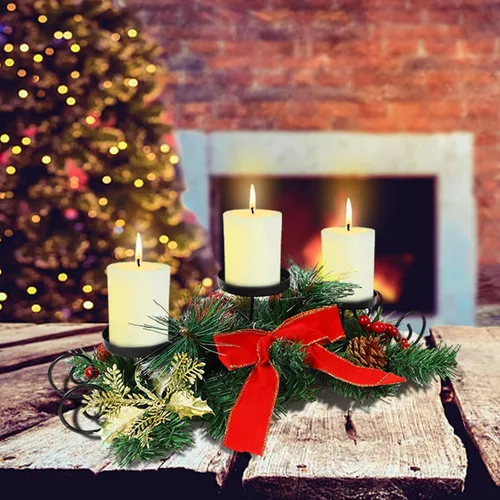 Vista 6 de MorTime - Portavelas de Navidad para centro de mesa, decoración de mesa de Navidad con lazo rojo, bayas, piñas, centro de mesa con base de acero