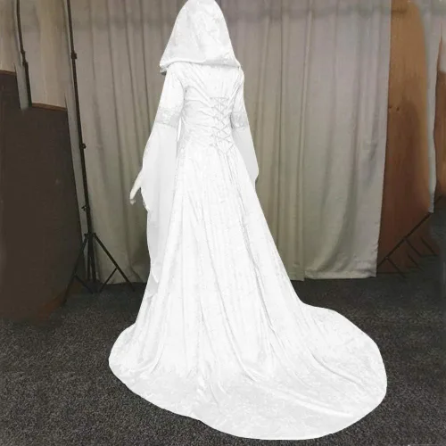 Vista 3 de Vestido gótico para mujer con capucha medieval, traje con corsé, renacentista, vestido victoriano