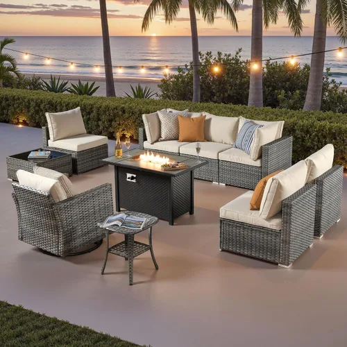 Vista 16 de ovios Juego de muebles de patio al aire libre de 5 piezas con mesa de café, conjunto seccional de muebles de patio con sofá de mimbre para todo tipo