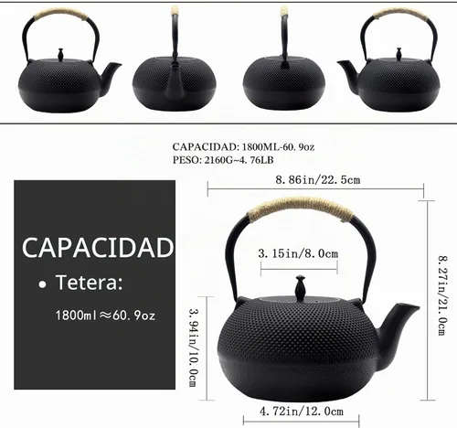 Vista 7 de Tetera grande de hierro fundido, tetera japonesa Tetsubin para estufa, tetera de hierro fundido con infusor de acero inoxidable para té suelto e