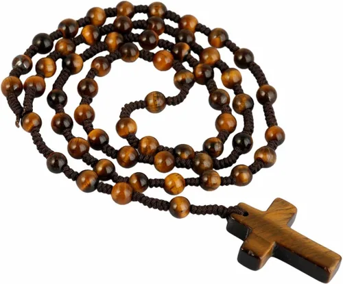 Vista 2 de TUMBEELLUWA Collar de cuentas con colgante de cruz para hombres y mujeres, collar con rosario católico anudado a mano